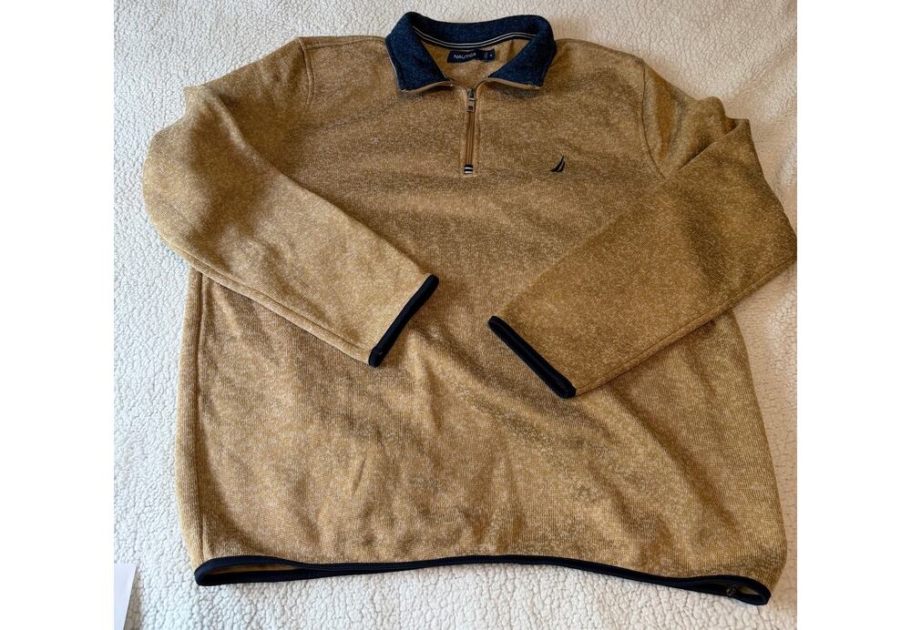 Nautica Tan 1/4 Zip Collar Navy Sailboat Mens's XL